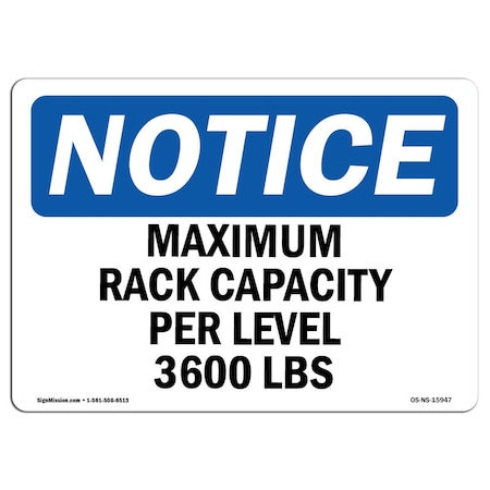 Signmission OSHA Sign, 7" H, Rigid Plastic, NOTICE Maximum Rack Capacity Per Level 3600 Lbs Sign, Landscape OS-NS-P-710-L-15947